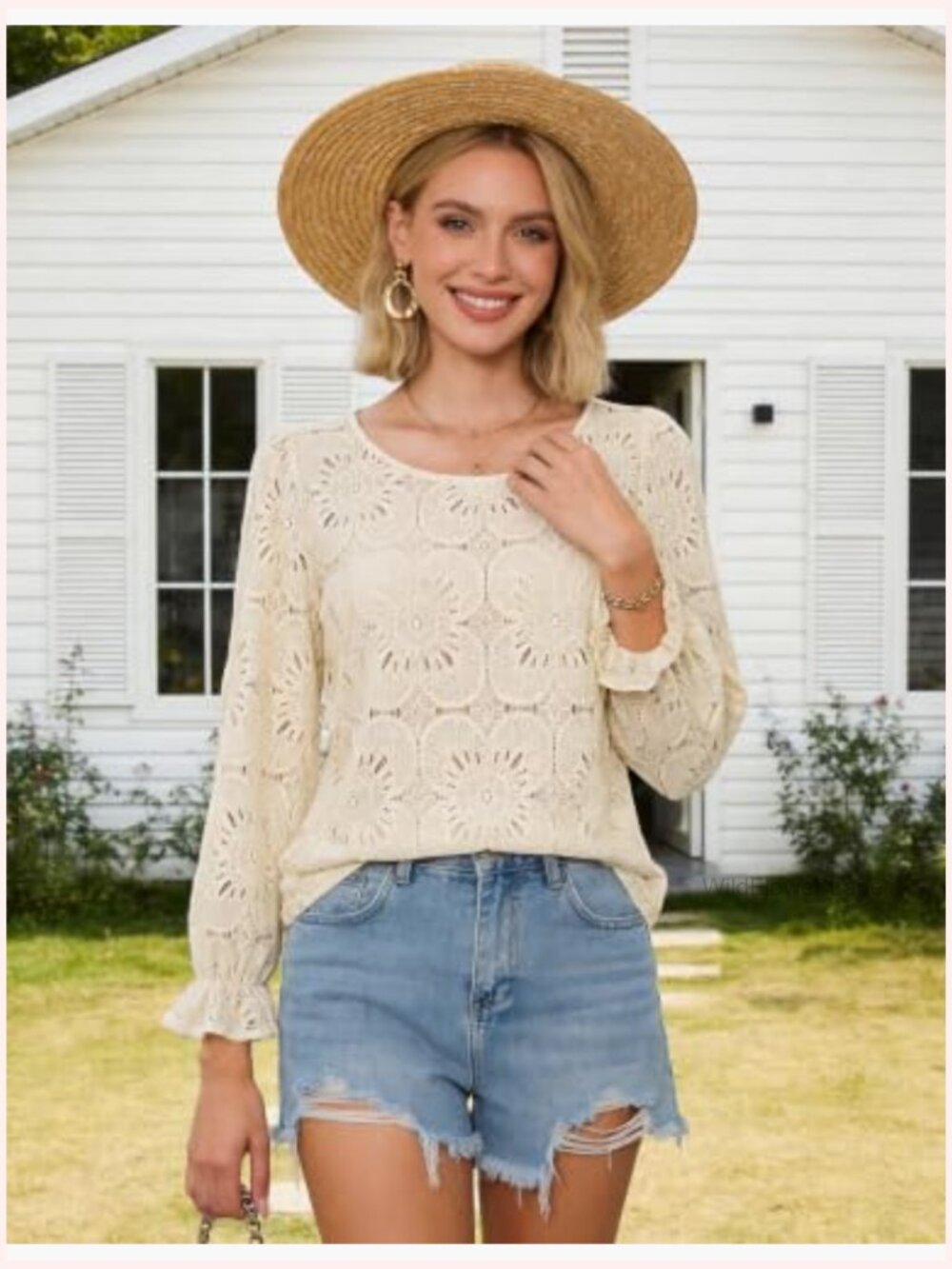 Elegant Eyelet Lace Long Sleeve Top Dressy Casual Blouse Office Shirt - Picture 3 of 7
